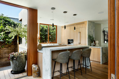 Example of a mid-sized trendy u-shaped medium tone wood floor and brown floor kitchen design in Los Angeles with a single-bowl sink, flat-panel cabinets, light wood cabinets, granite countertops, stainless steel appliances, a peninsula and gray countertops