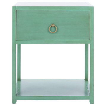 Contemporary Nightstand, Bottom Shelf & Drawer With Ring Golden Pull, Turquoise