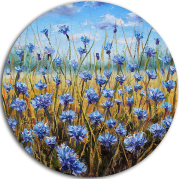 Blue Flowers In Meadow, Floral Disc Metal Wall Art, 23"