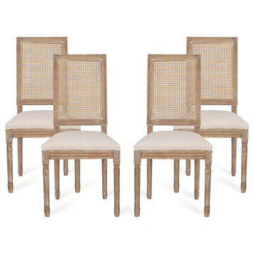Brownell French Country Wood and Cane Upholstered Dining Chair (Set of 4), Beige/Brown