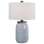 Uttermost - Dimitri Table Lamp - This ceramic table lamp is finished in a light blue crackle glaze, accented with aged charcoal-stained concrete details. The round hardback drum shade is an off-white linen fabric with light slubbing. Due to the nature of fired glazes on ceramic lamps, finishes will vary slightly.
