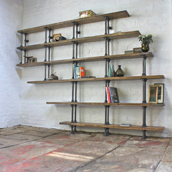 Emilie Asymmetric Reclaimed Scaffolding Boards and Dark Steel Pipe Shelves - Display & Wall Shelves