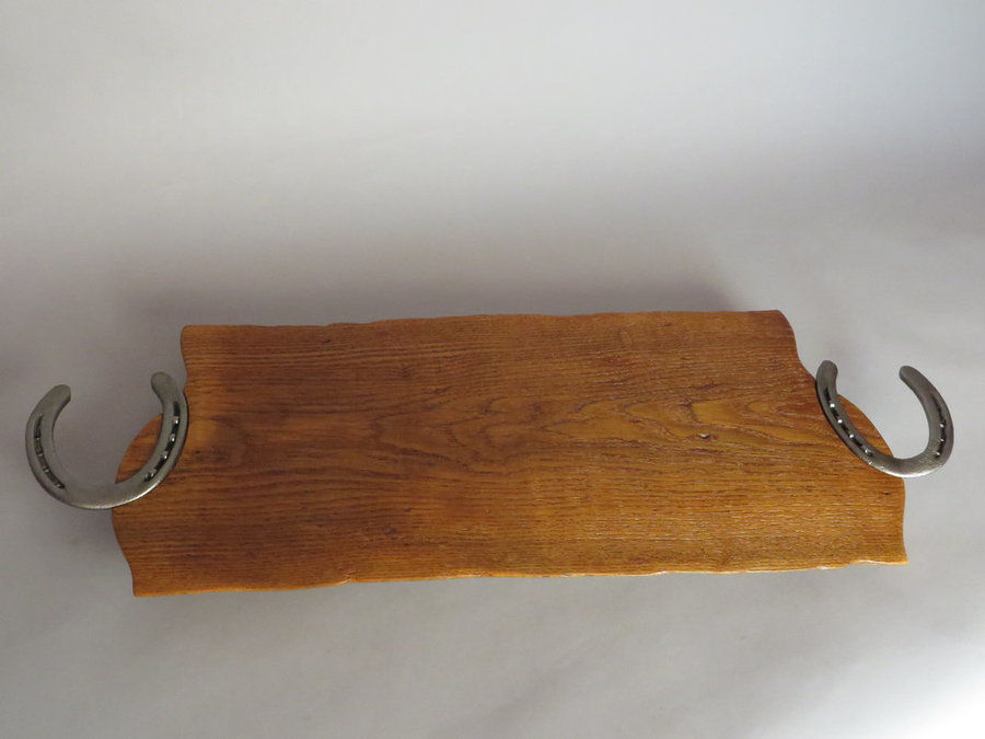 Tray #18014 Reclaimed Elm, Live Edges, Horse Shoe Handles
