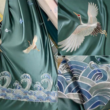 QYHL225B Silver Beach Embroidered Chinese Crane In The Cloud Faux Silk Custom Ma