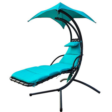 Ergonomic Lounge Swing Chair, Curved Black Metal Frame With Canopy, Aqua