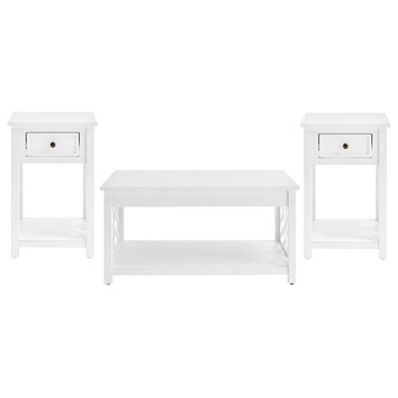 Coventry 36" Wood Coffee Table and Two End Tables with Drawer - White