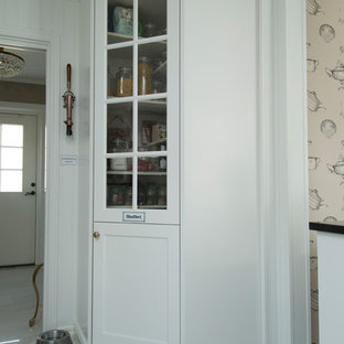 Large farmhouse kitchen pantry inspiration - Kitchen pantry - large cottage l-shaped marble floor and white floor kitchen pantry idea in Other with shaker cabinets, white cabinets and an island