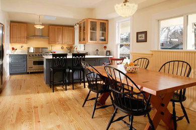 Small arts and crafts u-shaped light wood floor kitchen photo in Other with an undermount sink, raised-panel cabinets, blue cabinets, marble countertops, stone slab backsplash and stainless steel appliances