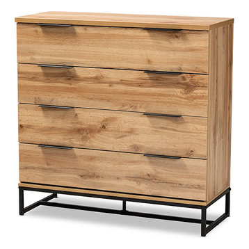 Reid Modern Industrial Oak Finished Wood and Black Metal 4-Drawer Dresser