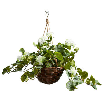 Faux Geranium Hanging Floral Arrangement With Basket, White