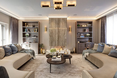 Photo of a medium sized formal enclosed living room in London with a standard fireplace and a stone fireplace surround.