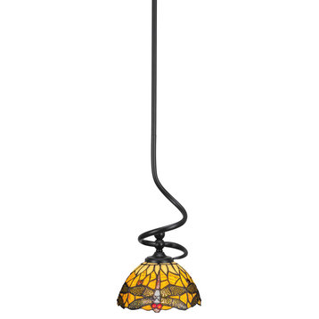 Capri Stem Mini Pendant In Matte Black Finish With 7" Amber Dragonfly Art Glass