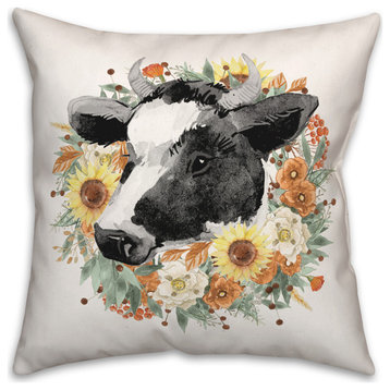Autumn Wreath Cow on White 18x18 Spun Poly Pillow