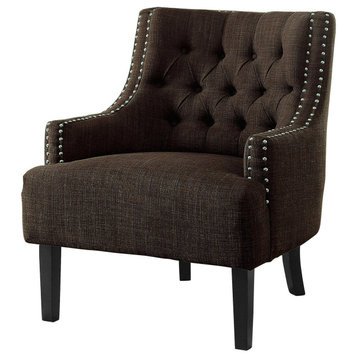 Classic Accent Chair, Button Tufted Wingback and Nailheaded Sloped Arms, Chocolate