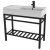 Modern Ceramic Console Sink With Counter Space and Matte Black Base, One Hole