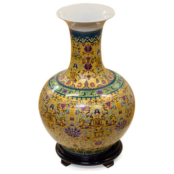 Gold Imperial Chinese Porcelain Temple Vase, With Stand