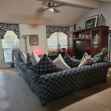 New upholstery job in Mesquite with coordinating Cornice boards ,layerd shades