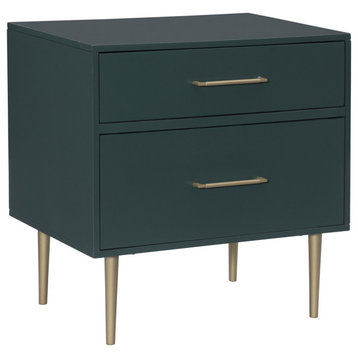 Contemporary Nightstand, 2 Storage Drawers With Gold Sculpted Pulls, Dark Green