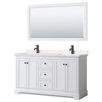 Avery 60" Double Vanity, White, Carrara Marble Top, Black Trim, 58" Mirror