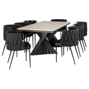 Waterfall Black Rectangle Marble Top Dining Table With 8 Chairs, Black
