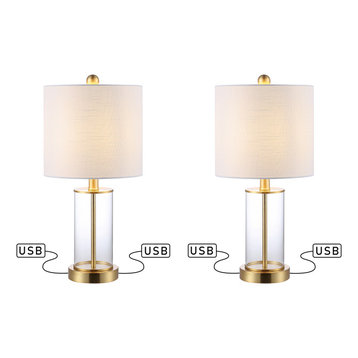 Abner Glass Modern Contemporary USB Charging LED Table Lamp, Brass Gold/Clear