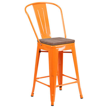 24"High Orange Metal Counter Height Stool with Back and Wood Seat