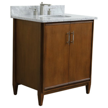 31" Single Sink Vanity, Walnut Finish, White Carrara Marble With Oval Sink