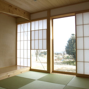 Ejemplo de habitación de invitados moderna, de tamaño medio, sin chimenea, con paredes blancas y tatami