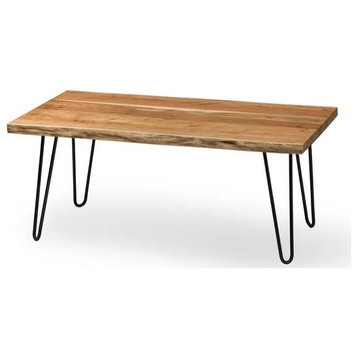 Unique Retro Modern Coffee Table, Hairpin Metal Legs and Natural Acacia Wood Top