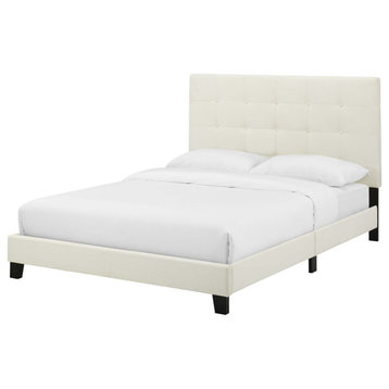 Contemporary Modern Full Size Platform Bed Frame, Velvet Fabric, Ivory White