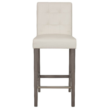 Leila White PU Fabric Bar Height Barstool with Gray Solid Wood Legs