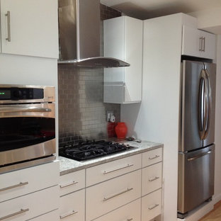 Mid-sized contemporary kitchen pantry designs - Example of a mid-sized trendy galley light wood floor and brown floor kitchen pantry design in Newark with an undermount sink, flat-panel cabinets, white cabinets, granite countertops, metallic backsplash, metal backsplash, stainless steel appliances, no island and gray countertops