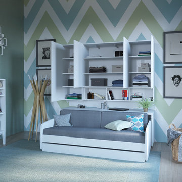 Compact Twin XL Sofa bed and Cabinets Wall System