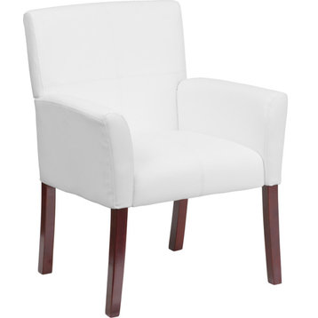 White Leather Executive Side Reception Chair with Mahogany Legs