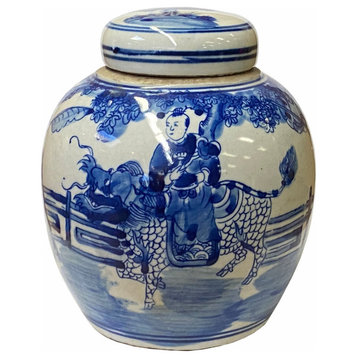Chinese Oriental Small Blue White Porcelain Kirin Kid Ginger Jar Hws1865