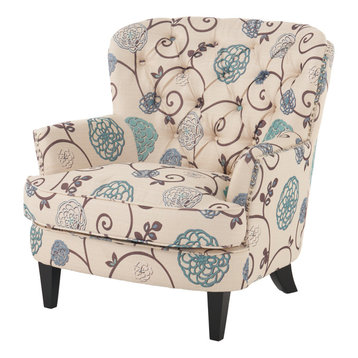 GDF Studio Alfred White and Blue Floral Fabric Club Chair with Chrome Nailheads