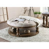 Rustic Round Coffee Table, Carved Base With Lower Shelf & Button Tufted Top, Oak