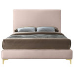 Meridian Furniture - Geri Velvet Upholstered Bed, Pink, Queen - Provide yourself with a few options when you choose the sleek Geri pink velvet queen size bed. The headboard, side rails and footboard are all cushioned and upholstered, with snazzy decorative piping on the headboard and footboard. This bed comes with two different sets of legs so you can match your other decor. Use the gold ones, the chrome ones, or two of each color for a truly contemporary approach.