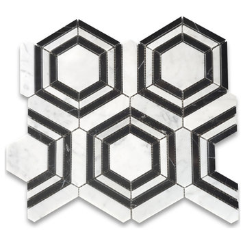 Carrara White Marble Hexagon Georama Geometric Strip Tile Polished, 1 sheet