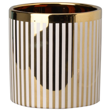 Ceramic Cylindrical Planter with Strips Pattern, White and Gold