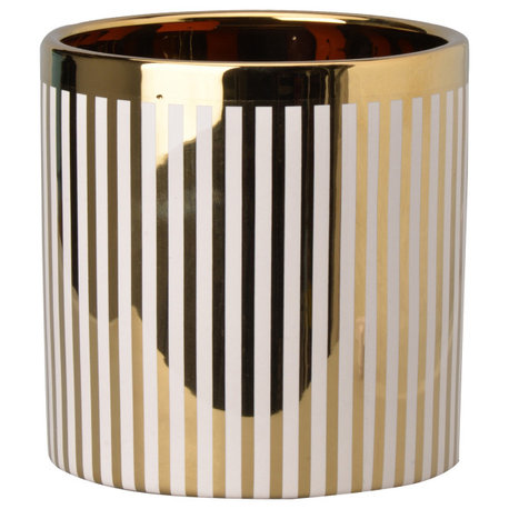 Ceramic Cylindrical Planter with Strips Pattern, White and Gold