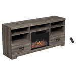 TRADEMARK GLOBAL - Electric Fireplace TV Stand for TVs up to 65" Media Console With Shelves - Add a spark of style to any room in your home with the Electric Fireplace TV Stand by Northwest. This sturdy entertainment center in warm weathered black-brown oak finish is ideal for up to 65" flat screen televisions. The five open shelves and two pull-out drawers create ample functional storage for cable boxes, DVD or Blu-ray players, books, movies, and home Decor. The TV console's fireplace insert features energy-efficient LED flames set on a realistic glowing log bed with five levels of brightness and two adjustable heat settings that can be controlled by the manual panel or with the included remote control. The versatile ventless fire place can be used with or without heat allowing year-round enjoyment and flexibility to bring ambiance to any room, in any season.