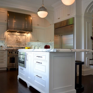 Kitchen Island with White Cabinets & Carrera Marble Countertop