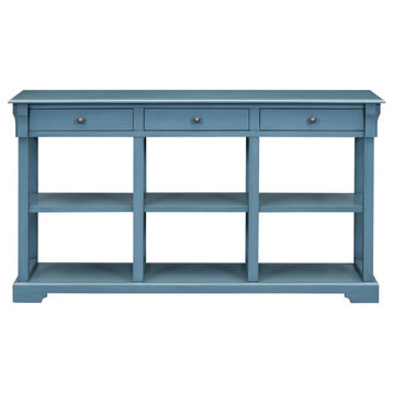 Large Console Table, Open Shelves & Drawers With Ample Storage Space, Navy