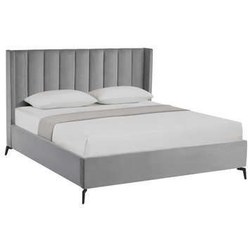 Inspired Home Ameen Bed, Upholstered, Light Gray Velvet King