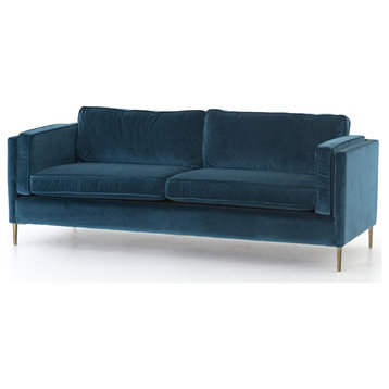 Emery Mid Century Modern Sapphire Velvet Sofa with Brass Legs