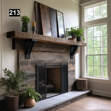 Reclaimed Wood Beam Fireplace Mantel with Iron Corbels