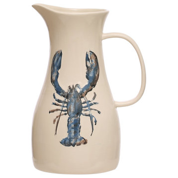 10 Inches 2-Quart Stoneware Pitcher With Lobster Print, White and Blue