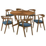 Armen Living - Santana 7-Piece Round Walnut Wood Dining Table Set With Blue Fabric - Host like a pro with the Santana 7-piece Round Wood Dining Set from Armen Living. Perched upon a sculptural base with beautifully crafted splayed legs, our modern round dining table serves as an elegant focal point for any room. It plays around with the angles of wooden grains to achieve a rich and eye-catching tabletop. Our versatile and mid-century modern dining set can effortlessly complement a variety of different styles. Its space-friendly proportions make it a perfect fit for eat-in kitchens and dining rooms. This dining set includes 1 dining table and 6 dining chairs. The round shape of our dining table makes it a natural hub for conversations and spending leisurely time. The 54 diameter tabletop easily allows seating for up to 6. The dining chairs feature a curved and hugging back to support you in just the right places. Completed with slender angular legs, the chairs make a stunning statement. The dining chairs deliver an airy silhouette vouching for hours of comfortable sitting. With an upholstered and padded seat, these dining chairs offer as much comfort as they do style. The Santana Dining Set is available in a walnut finish with your choice of charcoal, blue, or orange upholstery or a black finish with charcoal upholstery.