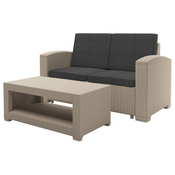 2pc All, Weather Beige Loveseat Patio Set With Dark Grey Cushions